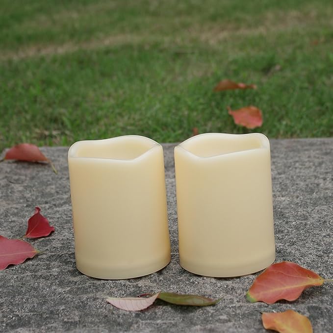 iZAN 2 Pack Outdoor Indoor Flameless Candles with Timer Waterproof Battery Operated Electric LED Pillar Candle Set for Home Garden Decoration Party Wedding Supplies 3 x 4 inch