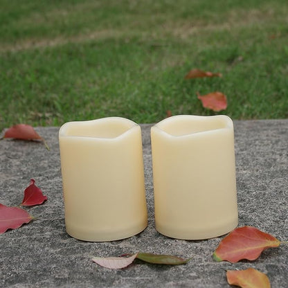 iZAN 2 Pack Outdoor Indoor Flameless Candles with Timer Waterproof Battery Operated Electric LED Pillar Candle Set for Home Garden Decoration Party Wedding Supplies 3 x 4 inch