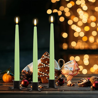 CVHOMEDECO. Flameless Taper Candles with 10-Key Remote, Battery Operated Led Flickering 3D Wick Window Candles Real Wax Finished Home Christmas Party Decor 0.78 x 11 Inch, Pack of 3, Light Green