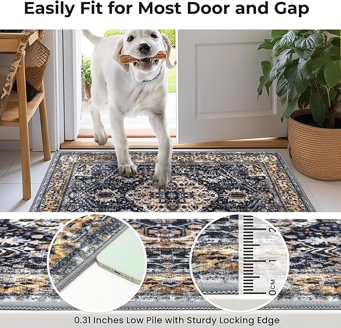 KOZYFLY Runners for Hallways 2x7 Ft Washable Kitchen Runner Rug Boho Runner Rug for Entryway Indoor Gold/Orange/Navy Printed Oriental Faux Wool Floor Carpet Runner for Bedroom