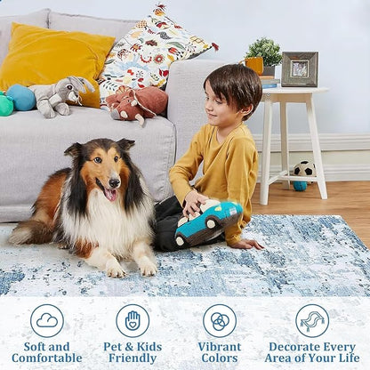 ROYHOME Modern Abstract 2x10 Runner Rug Non Slip Non Shedding Low Pile Stain Resistant Rug for Hallway Kitchen Bedroom, Light Blue