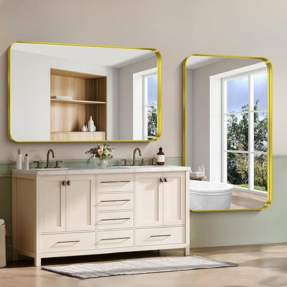 CIRCUMI Gold Bathroom Mirror, 36"x60" Rectangular Mirror with Deep Metal Frame, Rounded Corner, Tempered Glass, Large Mirror for Wall, Over 2 Sinks, Installed Vertically/Horizontally, Crystal-Clear