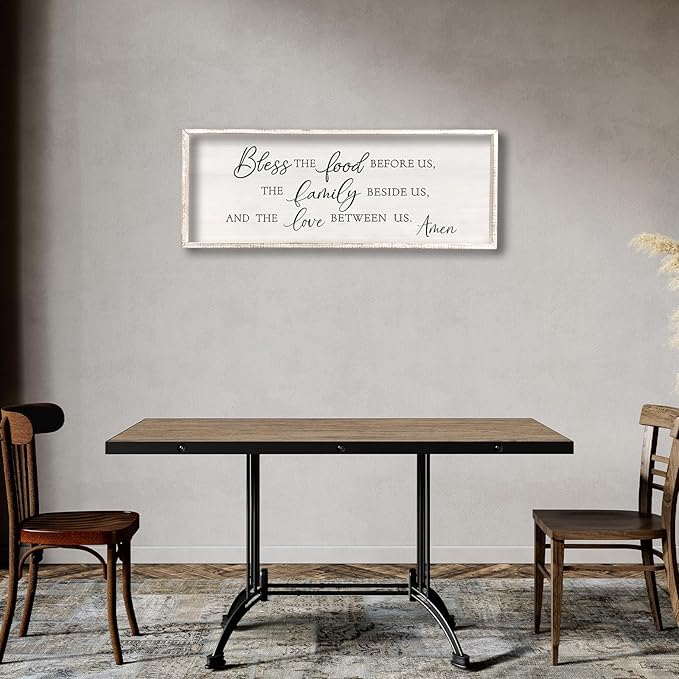 Bless the Food Before Us Wall Decor Sign 40" X 15" Dining Room Wall Decor Framed Wood for Large Farmhouse Vintage Prayer Catholic Kitchen Wall Hanging Scripture Bible Verse Art (White)