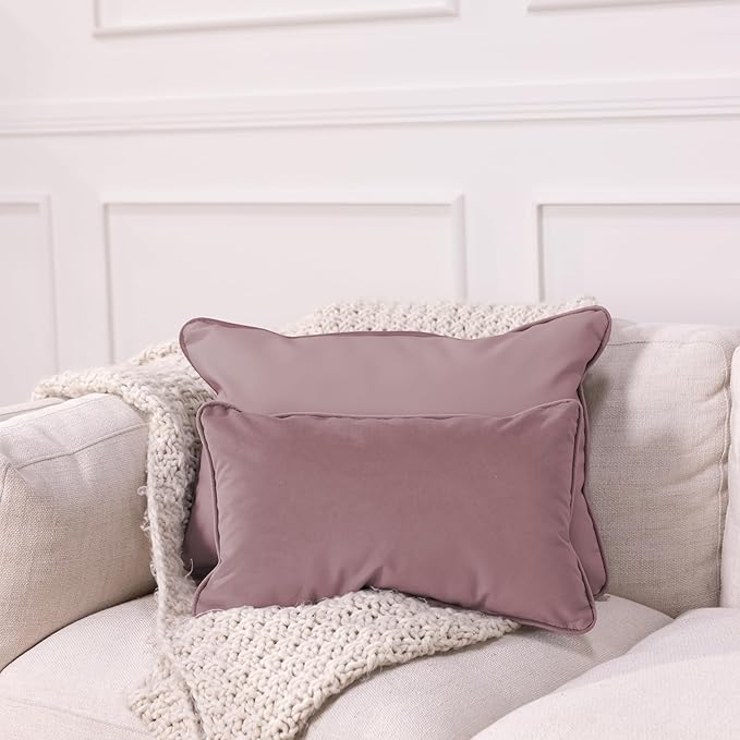 FDP 16" x 24" Velvet and Vinyl Rectangle Lumbar Pillow Set with Piping Decorative Throw Pillow for Home Dcor in Living Room, Bedroom or Lounge (2-Pack) - Mauve, 15173-112