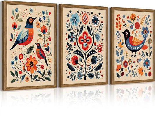 Scandinavian Folk Wall Art Nodic Flower Canvas Wall Decor Norwegian Wall Art Poster Swedish Antique Wall Decor Pictures Floral Bird Prints Vintage Poster for Home Kitchen 16x24x3 Inch Framed
