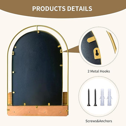 BAODANFU Gold Wall Mirror with Hooks, Arch Bathroom Mirror with Foldable Wood Shelf, 20x30 inches Arched Makeup Vanity Mirrors Decorative for Entryway, Bedroom, Dressing Room