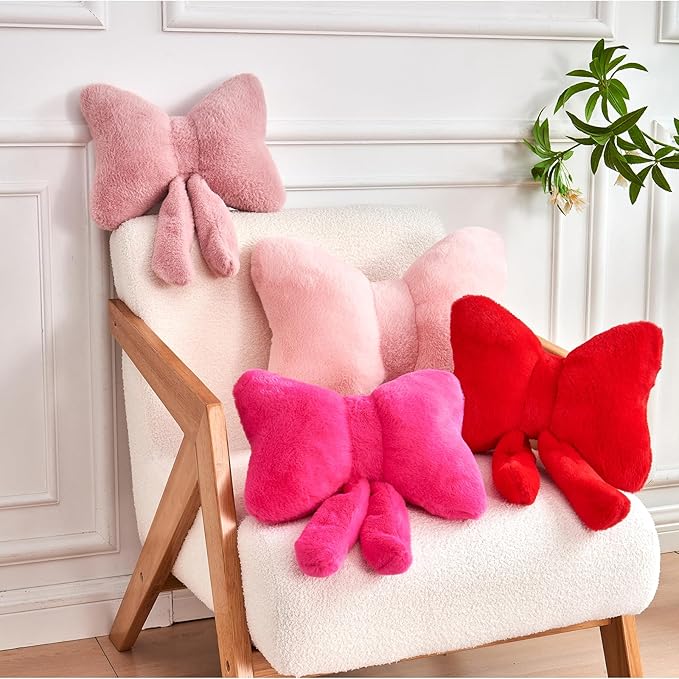 XVTRU Pink Bow Pillow, Soft Bow Decorative Pillows with Faux Rabbit Fur, Cute 12" Bow Throw Pillows, Aesthetic Home Decor Bow Shaped Plush Pillow for Bedroom Sofa Couch