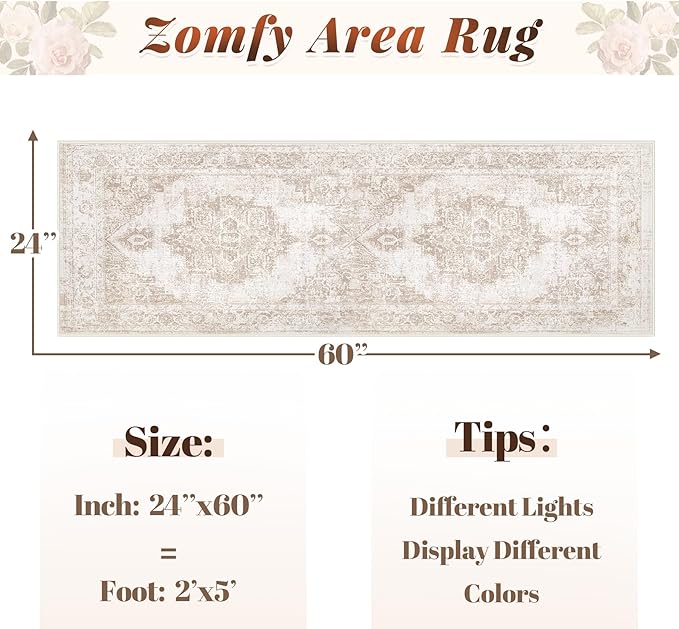 Runner Rug 2x5 Hallway Runner Rugs: Washable Vintage Kitchen Area Rug Medallion Distressed Rugs Non Slip Soft Low Pile Indoor Floor Carpet for Living Room Bedroom Bathroom Laundry(Beige, 2'x5')