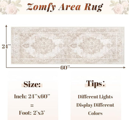 Runner Rug 2x5 Hallway Runner Rugs: Washable Vintage Kitchen Area Rug Medallion Distressed Rugs Non Slip Soft Low Pile Indoor Floor Carpet for Living Room Bedroom Bathroom Laundry(Beige, 2'x5')