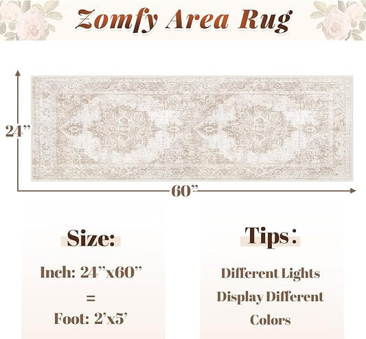 Runner Rug 2x5 Hallway Runner Rugs: Washable Vintage Kitchen Area Rug Medallion Distressed Rugs Non Slip Soft Low Pile Indoor Floor Carpet for Living Room Bedroom Bathroom Laundry(Beige, 2'x5')