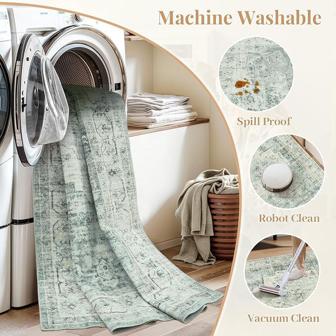 LIVEBOX Washable Area Rug 9x12 Rugs for Living Room Bedroom, Non-Slip Boho Indoor Carpet for Dining Room Office, Low-Pile Farmhouse Soft Carpets for Kids Nursery Playroom, Sage Green