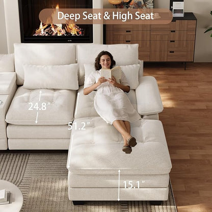 134"U Shaped Sectional Couches for Living Room, Oversized Modular Sectional Fluffy Couch with 2 Ottoman & Storage Console,Modern 6 Seat Living Room Sofa with Glitter Fabric,Tufted Buttons, Beige