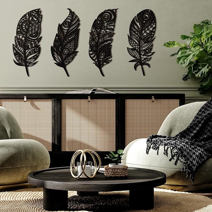 Qunclay 4 Pieces Feather Wall Decor Wooden Feather Wall Art Boho Wall Decor Laser Cut Hanging Mandala Large Rustic Farmhouse Wood Sign for Home Living Room Bedroom Bathroom Kitchen(Black)