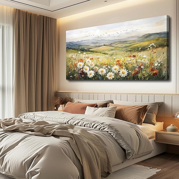 FUHAIHUA Canvas Wall Art For Living Room Large Framed Wall Decor For Office Modern Bedroom Decorations Prairie Flowers Landscape Pictures Farmhouse Paintings Artwork Aesthetic Home Decor 30" x 60"