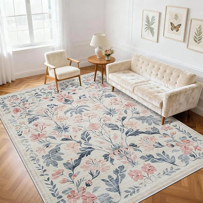 6x9 Area Rugs Washable Rug: Lagre Boho Living Room Rug Soft Non-Slip Thin Carpet Indoor Floor Non-Shedding Neutral Floral Carpets for Bedroom Dining Room Farmhouse Nursery Multi