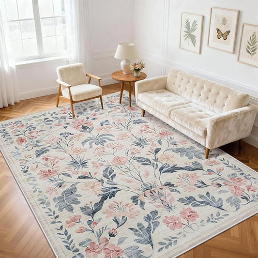 5x7 Area Rugs Washable Rug: Lagre Boho Living Room Rug Soft Non-Slip Thin Carpet Indoor Floor Non-Shedding Neutral Floral Carpets for Bedroom Dining Room Farmhouse Nursery Multi