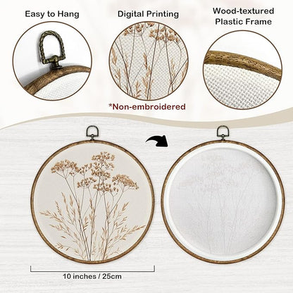 TLESKE Beige Rustic Fall Botanical Round Wall Art Decor Set of 2, Boho Wildflower Floral Framed Canvas Prints Wall Art Artwork, Neutral Vintage Farmhouse Hanging Decor for Bedroom Living Room 10x10