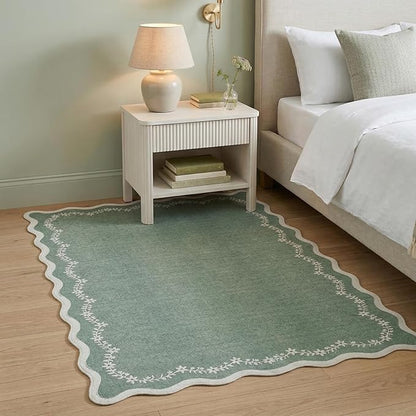 GarveeHome 3x5 Scalloped Washable Area Rug for Bedroom,Soft Sage Green Entryway Rug Non Slip Low Pile Carpet Stain Resistant Throw Rug for Bedside Kids Room Office Dining Room