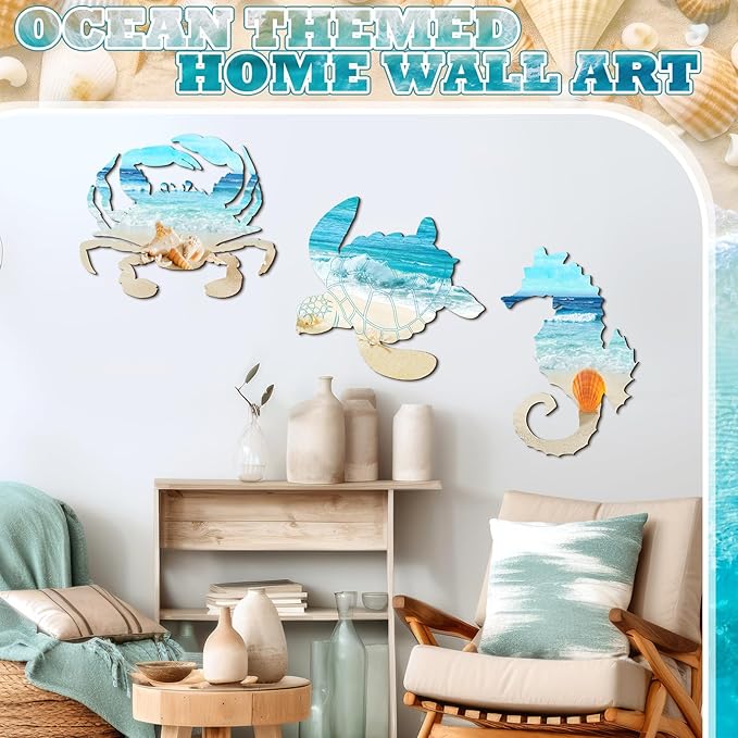 Tatuo 3 Pcs Summer Coastal Wall Decor Bathroom Beach Blue Wall Art Sea Turtle Surfboard Seahorse Starfish Seashell Conches Crabs Sea Life Decor for Bedroom Home (Turtle,Seahorse,Crab)