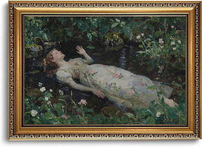 WZGZXU Vintage Gold Framed Wall Art Ophelia Canvas Painting Woman Portrait Picture Victorian Gothic Dark Academia Artwork Moody Prints For Living Room Bedroom Bathroom 16x24in