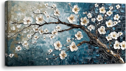 crmotu Teal Tree Wall Art, Plum Blossom Extra Large Artwork, Chinoiserie Floral Canvas Botanical Prints, Blue Plant Modern Wall Pictures for Living Room Bedroom Office Farmhouse Cottage 29X57 Inches