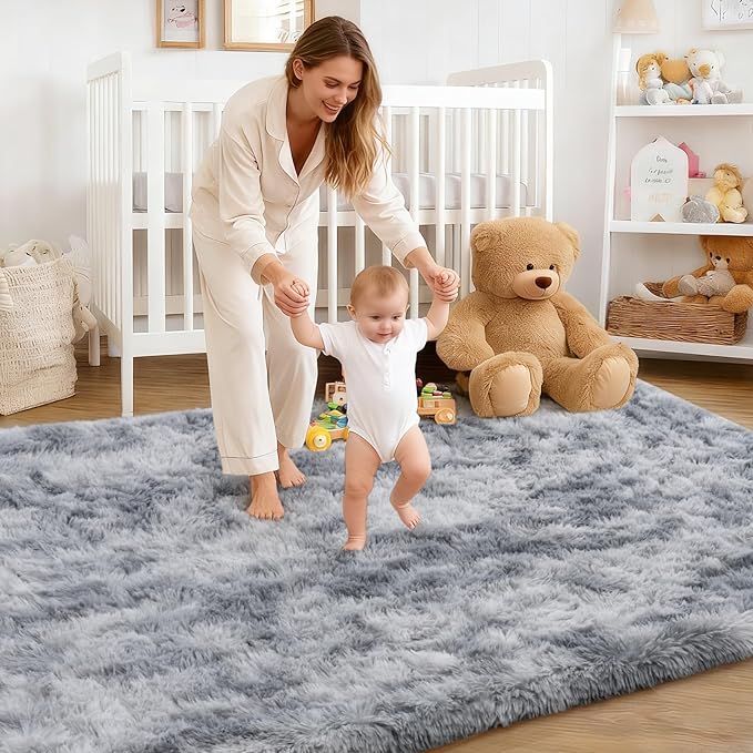 Rug for Living Room Bedroom, 5x7 Area Rugs for Living Room, Ultra Soft Modern Shaggy Carpets Fuzzy Rug for Boys Girls Dorm Nursery Home Decor Aesthetic, Upgrade Non-Slip Durable, Tie-Dye Silver Grey