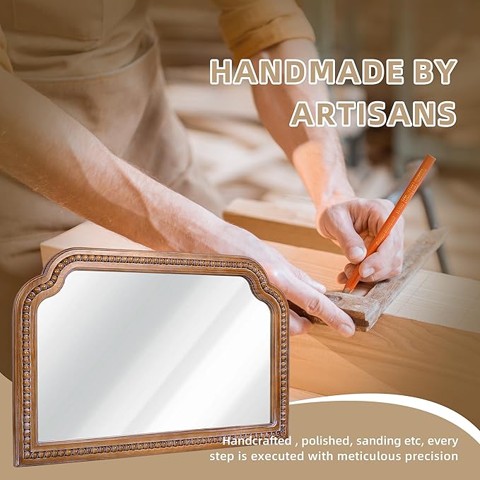 36x24 Inch Farmhouse Arch Wall Mirror, Wood Beaded Framed Decorative Mirrors for Living Room, Bedroom, Vanity, Bathroom, Entryway