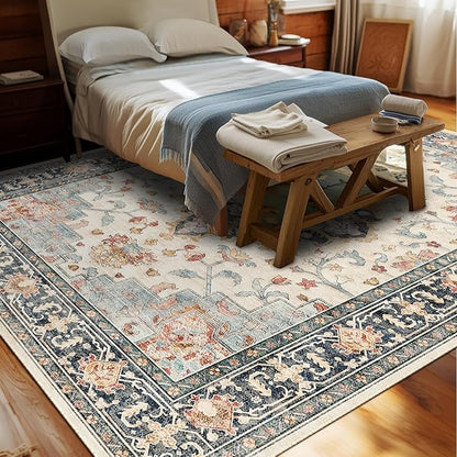 CAPALOCA Machine Washable Rugs Nursery Rug 5x7 Cute Girl Non Slip Low Pile Water Repellent Soft Print Pattern for Bedroom Indoor Decor Kids Playroom Bluebeige