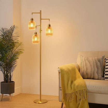 Modern Floor Lamp for Living Room, Dimmable Glass Standing Lamp Vintage Retro 3 Lights Tall Floor Lamps with Amber Lamp Shade Mid Century Tree Lamp, 3×6W Bulbs Included