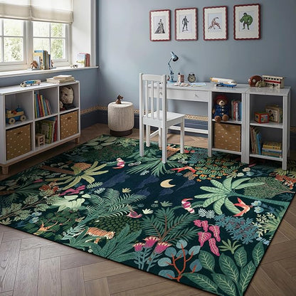 LIVEBOX Washable Jungle Dark Green Rug 5x7 for Living Room, Non-Slip Kids Bedroom Aesthetic Rug for Boy Play Room, Soft Stain Resistant Botanical Rugs for Nursery Dining Decor
