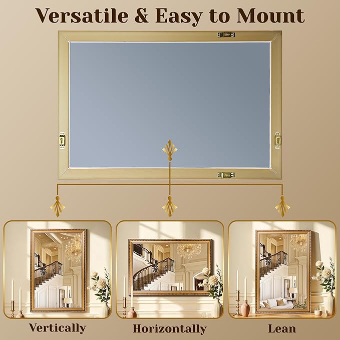 ROLOVE 34x24 Antique Gold Mirror for Wall, Ornate Vintage Wall Decor, Gold Framed Baroque Mirror for Fireplace Mantel, Living Room & Bathroom Vanity, Farmhouse Decor, Horizontal or Vertical