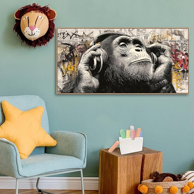 Sorbrozo Urban Graffiti Gorilla with Headphones Wall Art - Colorful Animal Canvas Painting Modern Home Decor for Living Room Boys Bedroom Music DJ Theme Gift Idea 24x48in