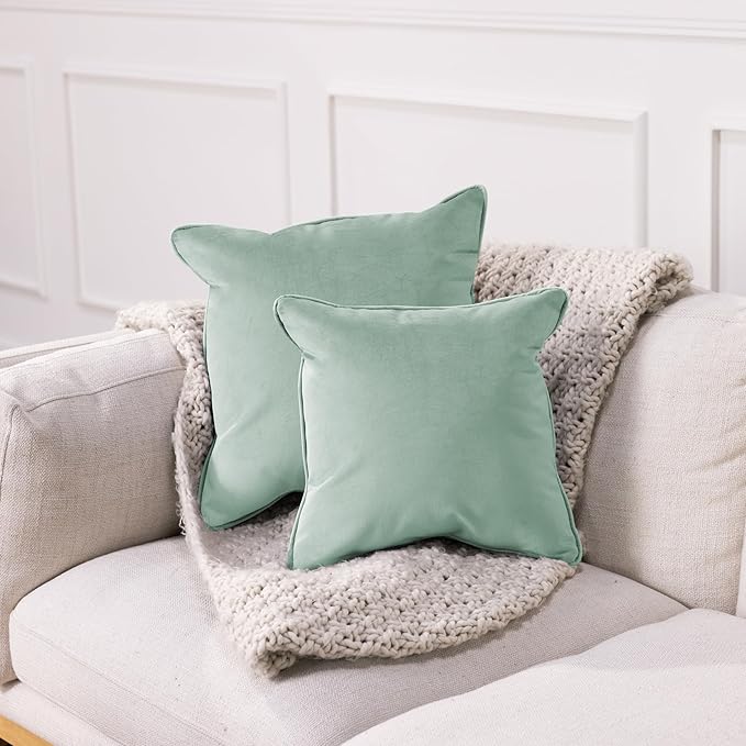 FDP 15" x 15" Velvet Square Pillow Set with Piping; Decorative Throw Pillow for Home Décor in Living Room, Bedroom or Lounge (2-Pack) - Aloe, 15157-347
