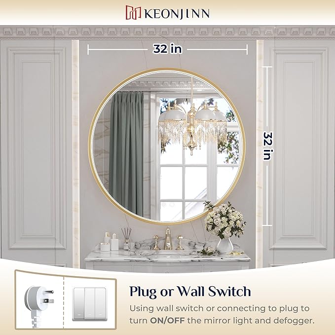 Keonjinn 32 Round LED Mirror for Bathroom with Lights, 3 Color Lights Gold Metal Framed Frontlit, Circular Wall Vanity Mirror Dimmable Makeup Mirror Anti Fog UL Listed CRI≥90