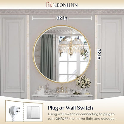 Keonjinn 32 Round LED Mirror for Bathroom with Lights, 3 Color Lights Gold Metal Framed Frontlit, Circular Wall Vanity Mirror Dimmable Makeup Mirror Anti Fog UL Listed CRI≥90