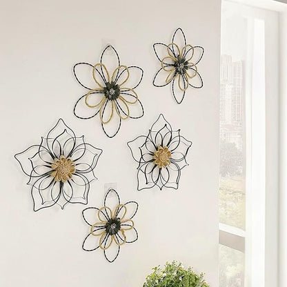 Remenna Metal Flowers Wall Decor, Metal Rustic Wall Art Decoration Farmhouse Wall Decorations Multiple Floral Hanging Decor for Bathroom Living Room Home Office Garden Kitchen (Black -2)