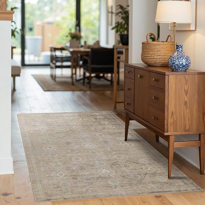 Rugxara 3x5 Rug for Entryway Bedroom, Beige 3x5 Washable Area Rug, Vintage Retro Boho Throw Rug, Non Slip & Low Pile Small Carpet for Indoor Entry, Kitchen, Bedside, Living Room, Bathroom and Dining