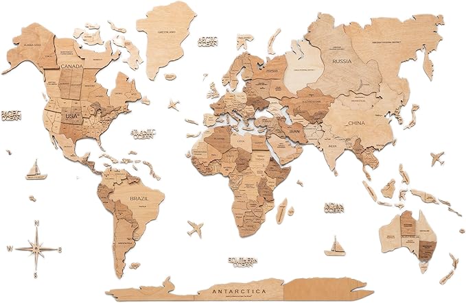 Enjoy The Wood 3D Wooden World Map Wall Art - Large Travel Map with Pins for Art Decor - Decorative Map of the World for Home, Office - Travel Wall Art Housewarming Gift Idea (Light, L, Unframed)