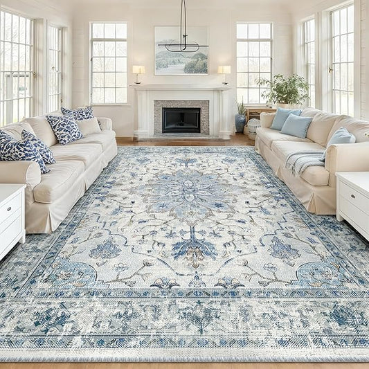 RELEANY Area Rugs 10'x14' Washable Non-Slip, Floral Vintage Distress Print Pattern Medallion Carpet for Living Room Bedroom Dining Room, Light Blue Navy Beige Gray White