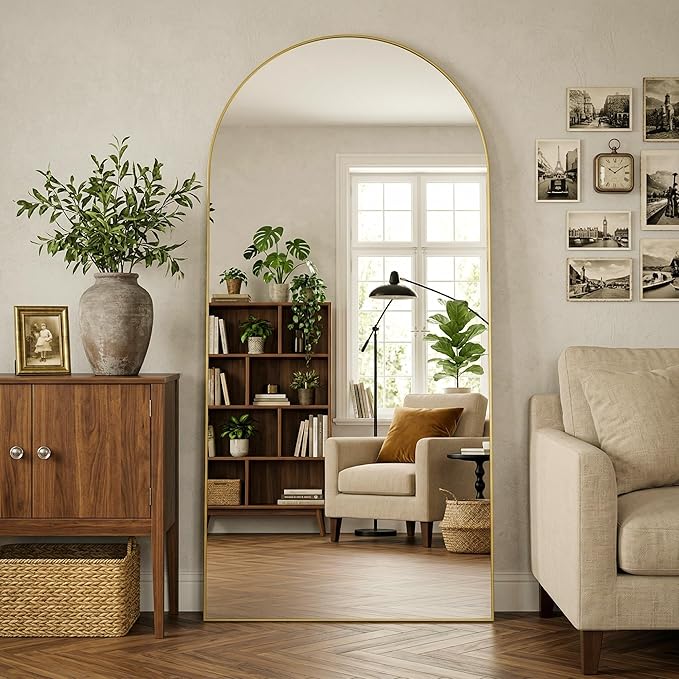 Full Length Mirror, 78"x38" Arched Full Body Mirror, Floor Mirrors with Stand, Body Mirrors Standing Hanging Leaning Against Wall,Aluminum Frame Mirrors for Bedroom Cloakroom,Living Room,Gold
