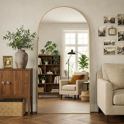 Arched Full Length Mirror 78 x 38 Inch, Full Body Mirror with Stand, Standing Hanging or Leaning Against Wall, Metal Frame Floor Mirror for Bedroom, Living Room, Cloakroom,Gold