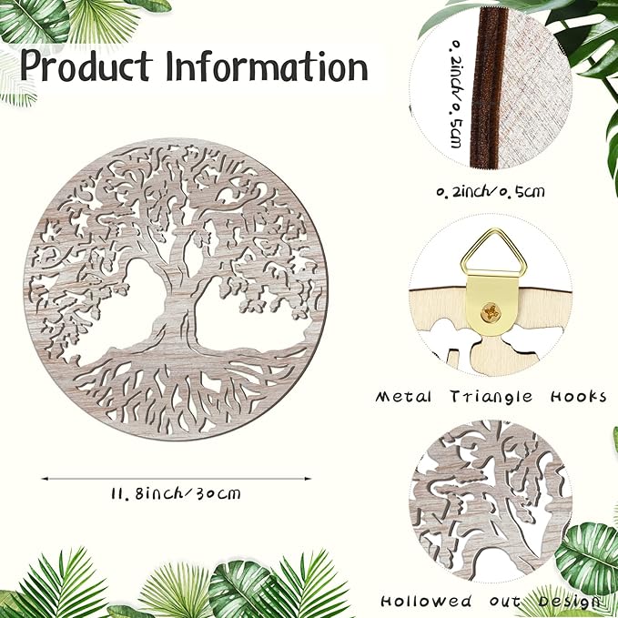 Yalikop Tree of Life Wooden Wall Art Decor Wooden Wall Sculpture 11.8 Inch Tree of Life Wood Hollowed Out Hanging Sign for Farmhouse Home Hanging Decoration Supplies(White)
