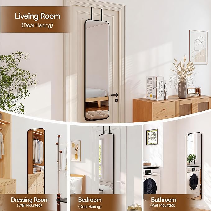 NARCISSUS 47x14 Mirror Door Hanging Full Length,Over Door or Wall Mounted Aluminum Alloy Frame Tempered Glass Rectangle Full Body Mirrors for Bedroom Dressing Living Room Bathroom 47 inch Black