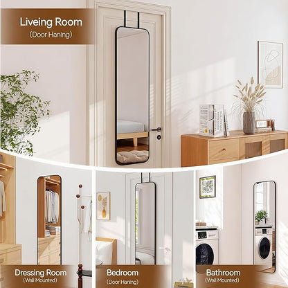 NARCISSUS 47x14 Mirror Door Hanging Full Length,Over Door or Wall Mounted Aluminum Alloy Frame Tempered Glass Rectangle Full Body Mirrors for Bedroom Dressing Living Room Bathroom 47 inch Black