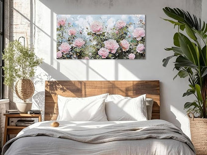 Ardemy Flower Wall Art Canvas Art Wall Decor, Floral Painting Textured Picture Living Room Pink Rose Artwork Large Framed for Bedroom Kitchen Dining Room Home Office Decor 48"x24"