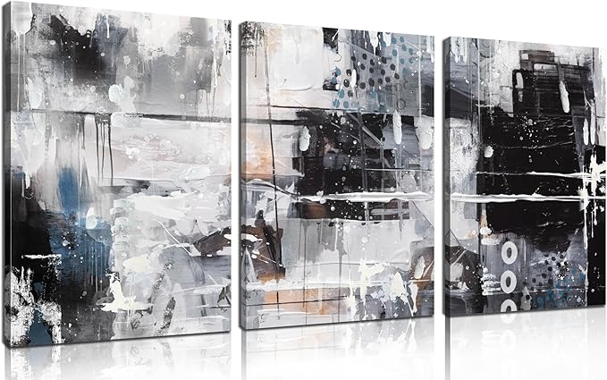 HUBOSKN Abstract Wall Art for Living Room - Modern Black and White Wall Art for Bedroom - Home Office Wall Decor Size 12" x 16" x 3 Piece