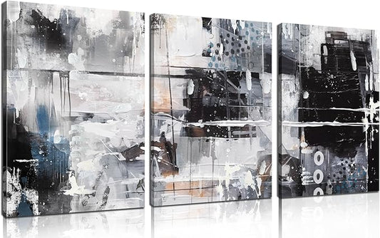 HUBOSKN Abstract Wall Art for Living Room - Modern Black and White Wall Art for Bedroom - Home Office Wall Decor Size 12" x 16" x 3 Piece