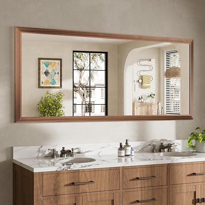 72x32 Inch Bathroom Mirror for Wall, Anti-Rust Walnut Wood Grain Metal Framed Bathroom Mirrors for Over Sink,Rectangler Mirrors for Bathroom Vanity, Farmhouse, Bedroom, Living Room, Entryway Decor
