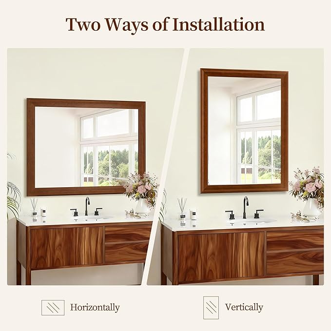 30 x 40 Inch Rustic Bathroom Mirror for Wall Over Sink, Farmhouse Wood Framed Brown Rectangle Mirrors with Tempered Glass for Living Room, Horizontal/Vertical Hanging
