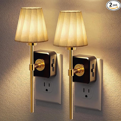 JandCase Night Lights Plug into Wall, 2 Pack Vintage Nightlights, Dusk to Dawn Sensor, 0-100LM Dimmable, Pleated Fabric Beige Lamp for Living Room Bedroom Hallway